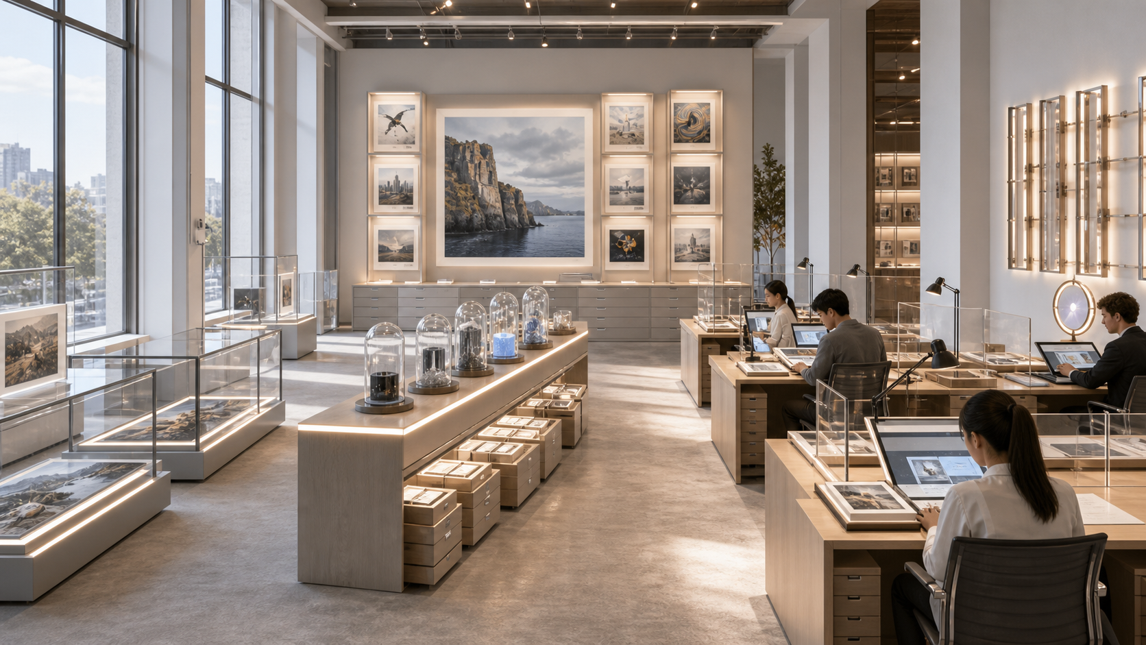 A bright gallery operations room with generated media under glass, license renewal desks, provenance capsules, and rights tokens.