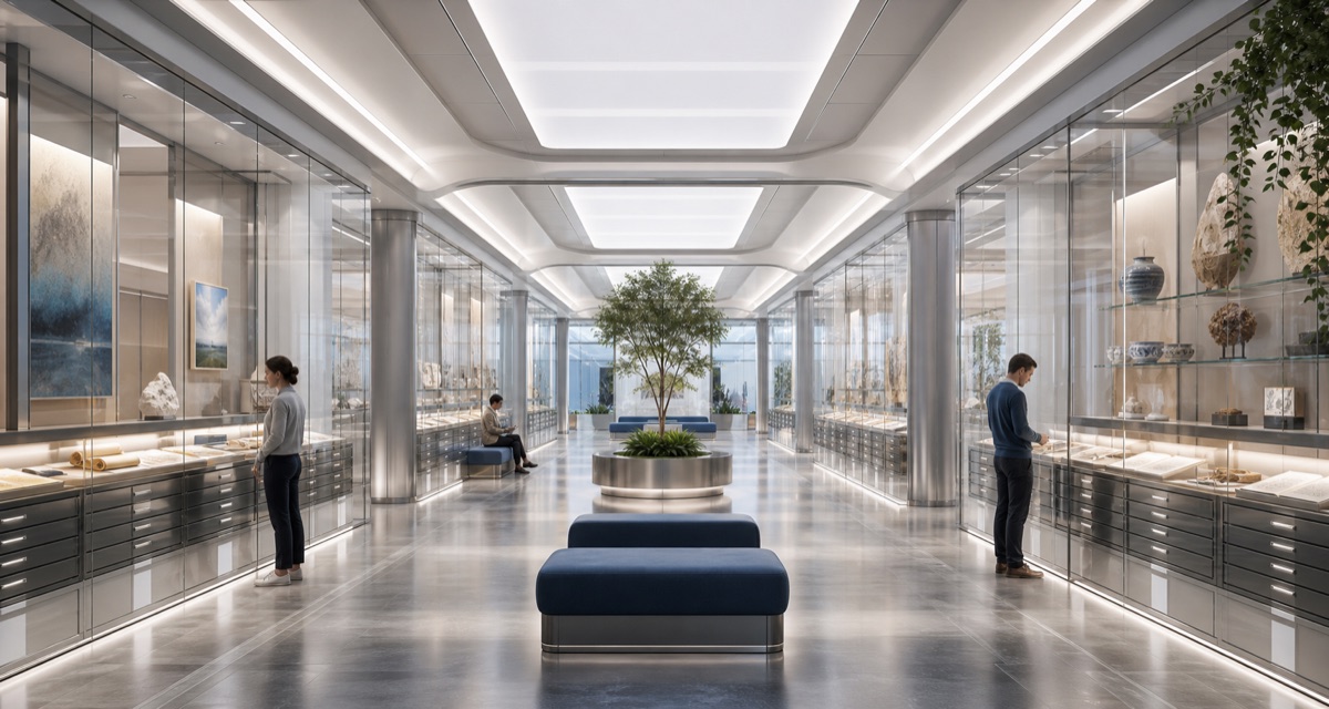 A bright Exchange gallery with artifact cases, custody drawers, review benches, and calm waiting-zone architecture.