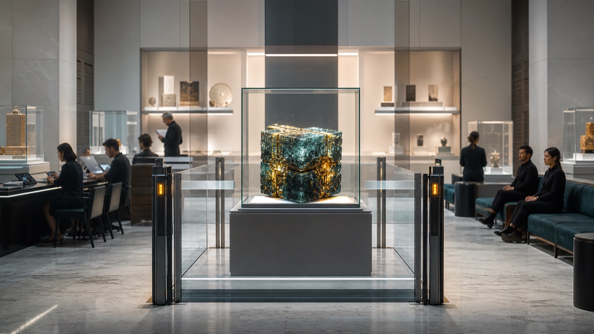 A bright Exchange gallery with a generated artifact held behind a transparent pause gate.