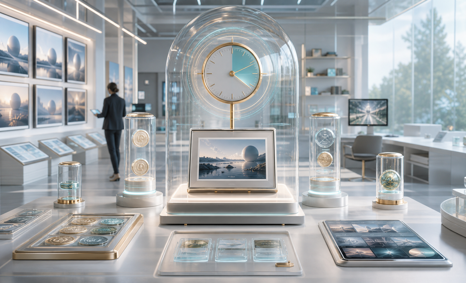 A bright gallery operations room with generated media, provenance capsules, renewal clocks, and usage-rights tokens.