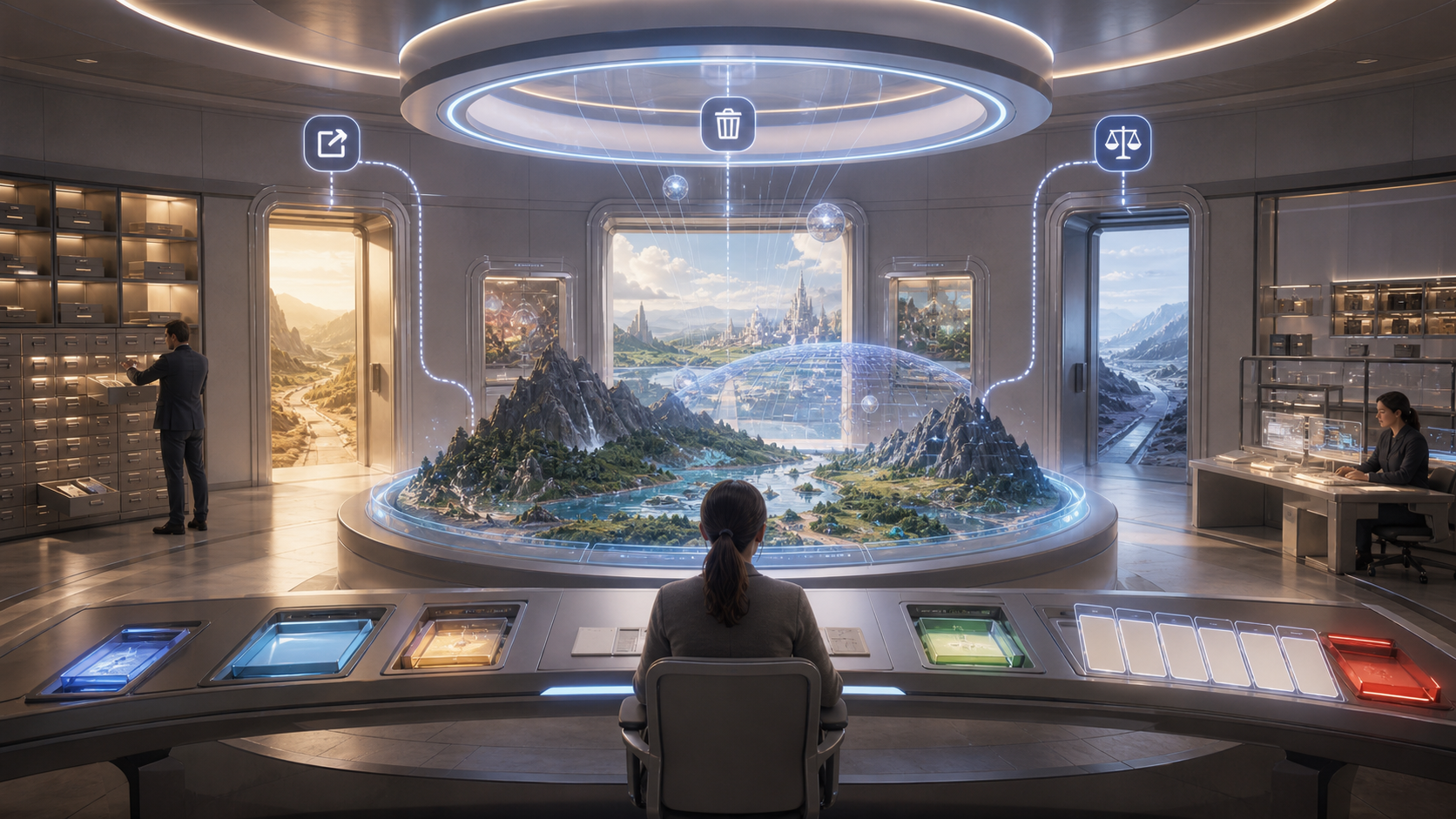 An immersive model-world review chamber with exit corridors, rollback archives, and a calm assistant station.