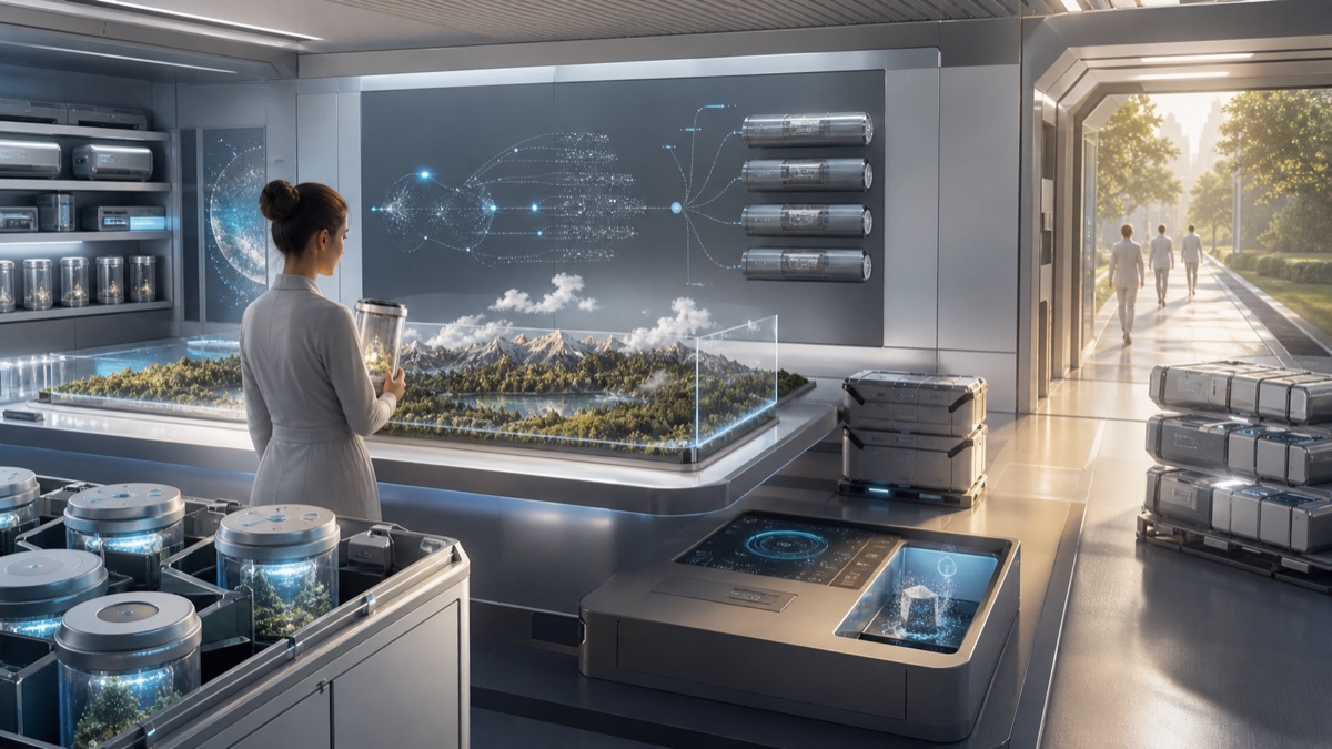 A model-world export room with portable archive capsules, provenance trail, and open exit corridor.