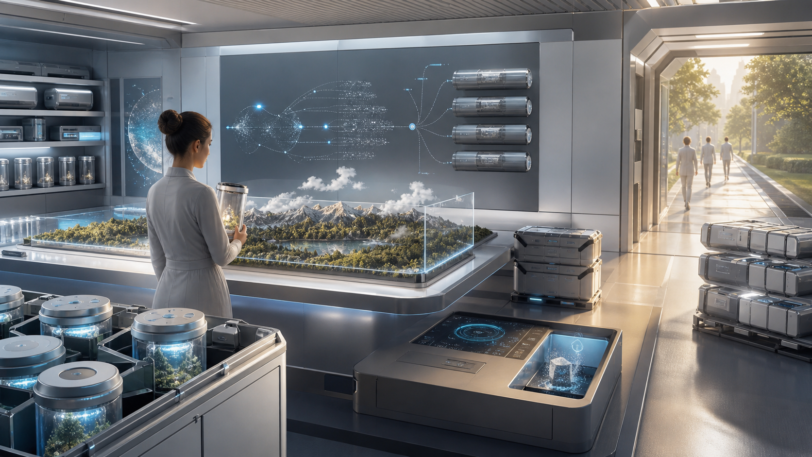 A model-world export room with portable archive capsules, provenance trail, and open exit corridor.