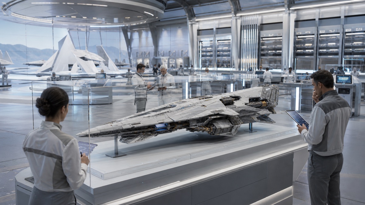 A bright aerospace audit bay with a WN Prime research model, inspection lanes, and reviewer stations.