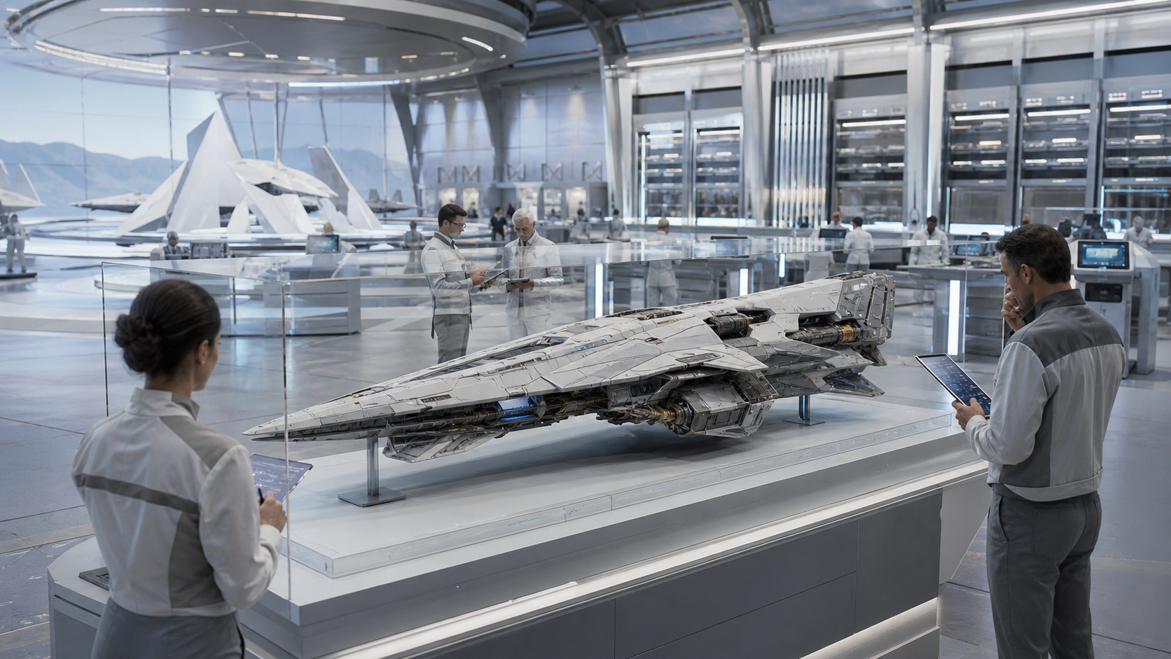 A bright aerospace audit bay with a WN Prime research model, inspection lanes, and reviewer stations.