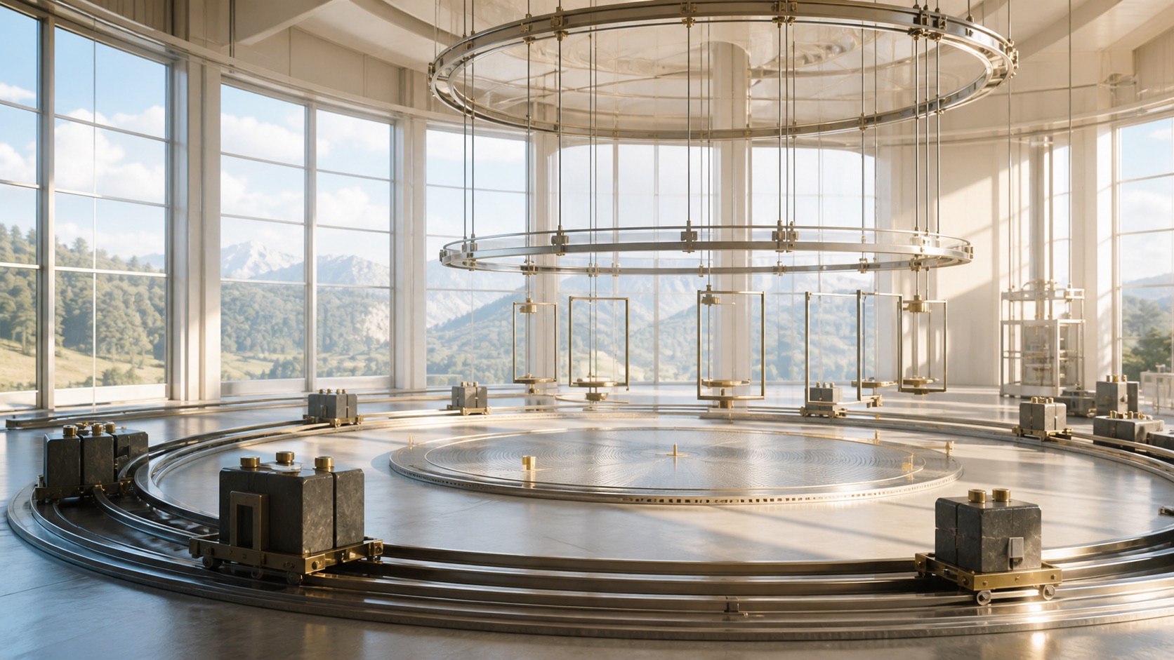 A bright gravity demonstration room with circular tracks, ballast blocks, and suspended measurement frames.