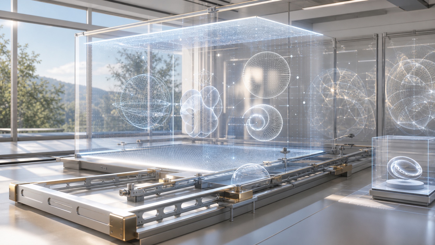 A bright volumetric display room with translucent object forms and visible haptic rails.