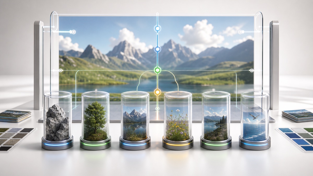 Image canvases wait before a bright publish gate with consent lights and source capsules.