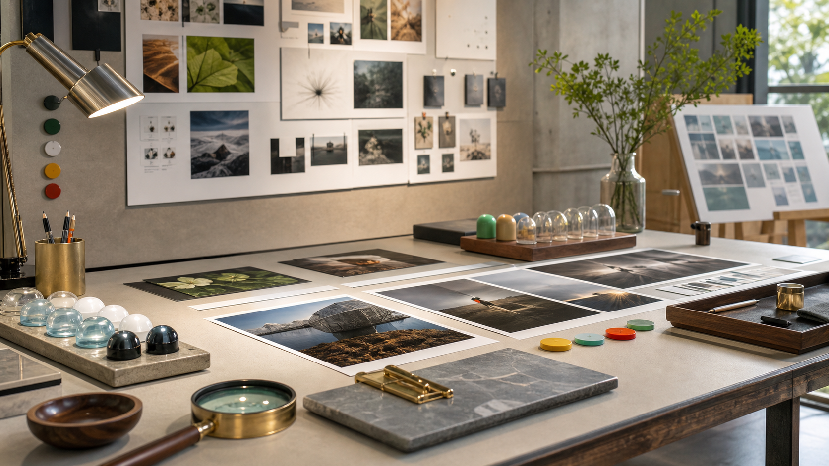AI-generated studio review bench with generated image prints, source capsules, reviewer tools, consent markers, and assistant canvas.