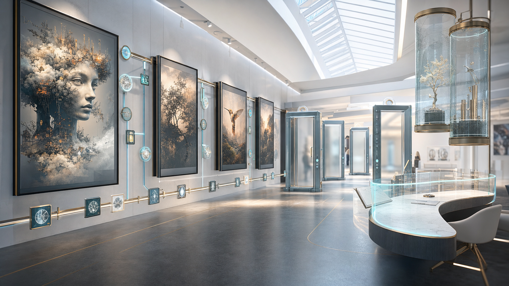 AI-generated digital collectible review gallery with generated art panels, provenance trail rails, rights capsules, and preview-state marketplace gates.