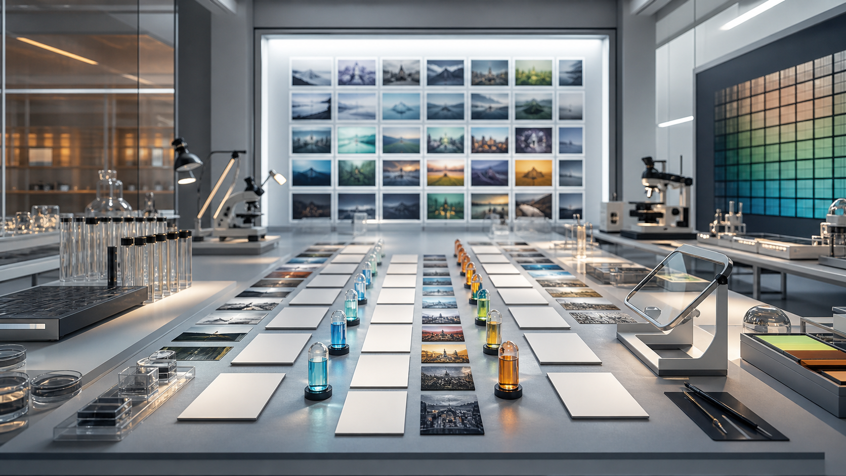 AI-generated image evaluation lab with benchmark image panels, blank prompt cards, seed capsules, diff-view glass, and reviewer instruments.