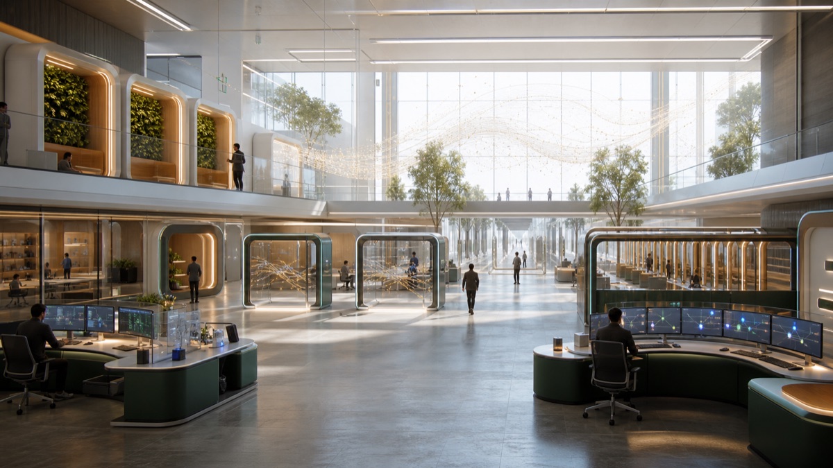 A bright operations room with pause alcoves, transparent review gates, rollback corridors, and human-scale controls.