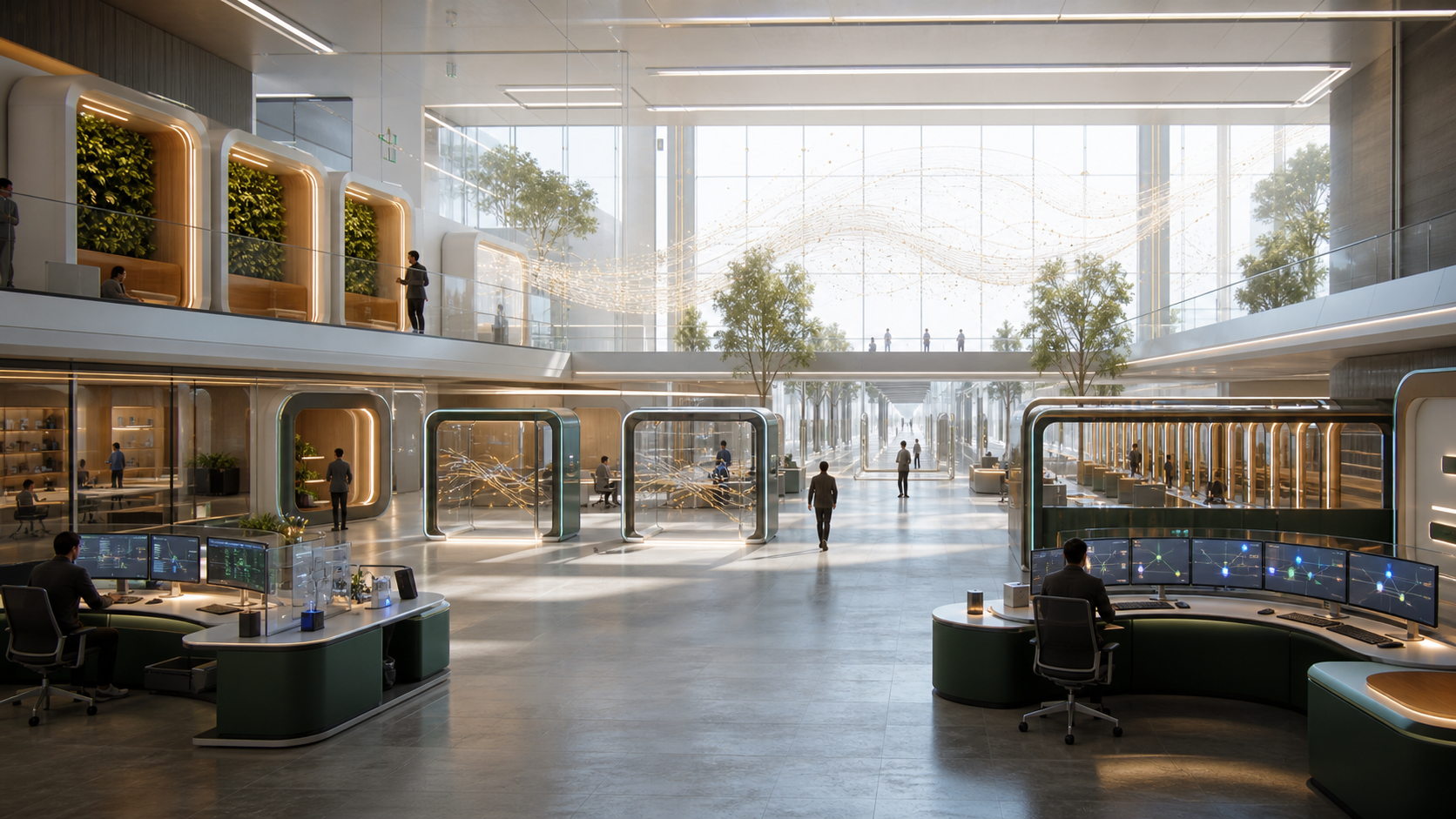 A bright operations room with pause alcoves, transparent review gates, rollback corridors, and human-scale controls.
