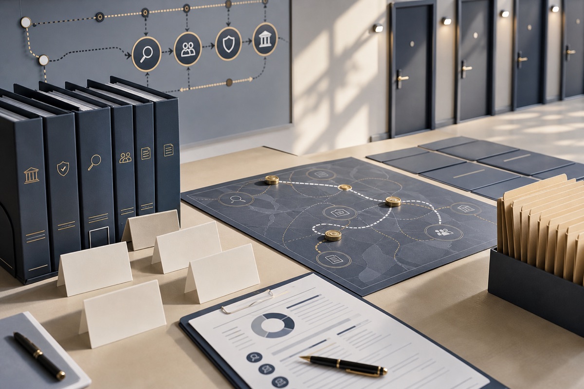 A bright institutional review desk with diligence folders, non-offer cards, and proof-pack doors.