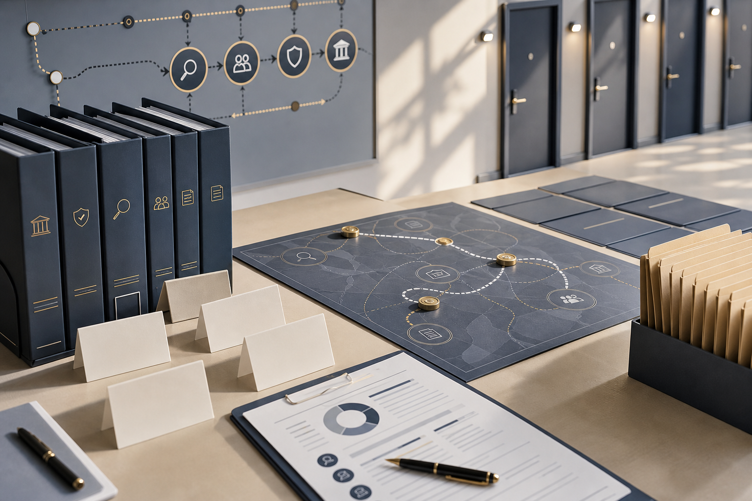 A bright institutional review desk with diligence folders, non-offer cards, and proof-pack doors.