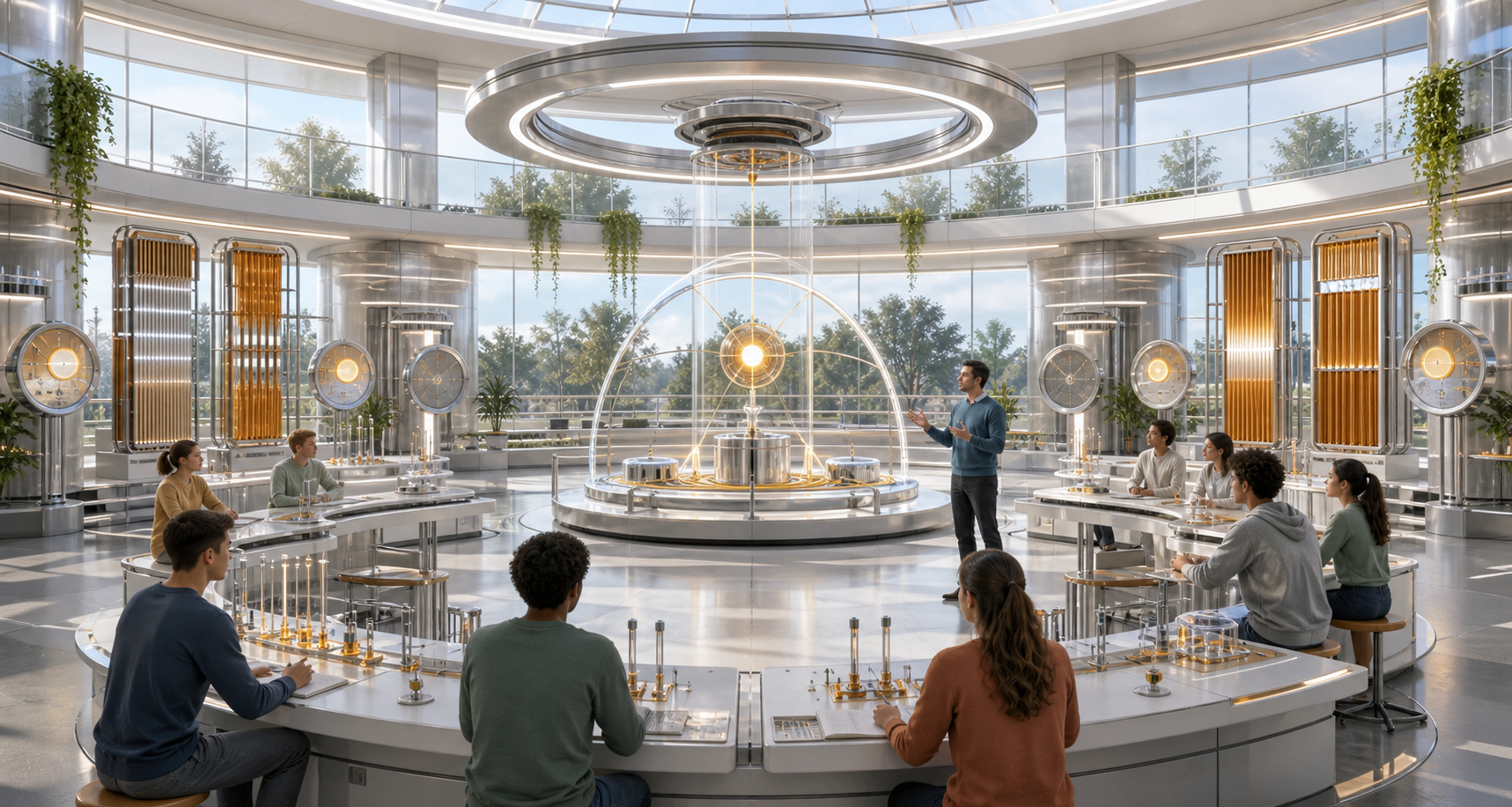 A bright science education studio with energy-flow models, radiator fins, student benches, and public meter objects.