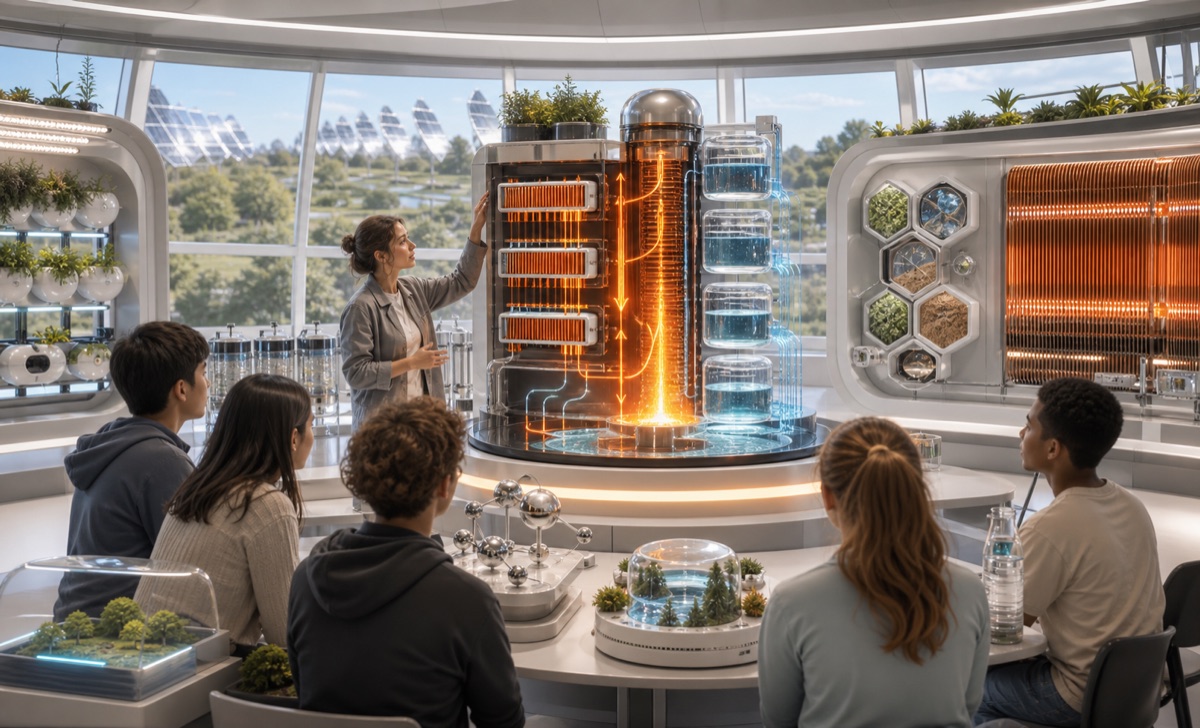 A frontier classroom with energy collectors, radiator walls, water cylinders, ecology modules, and student workbenches.