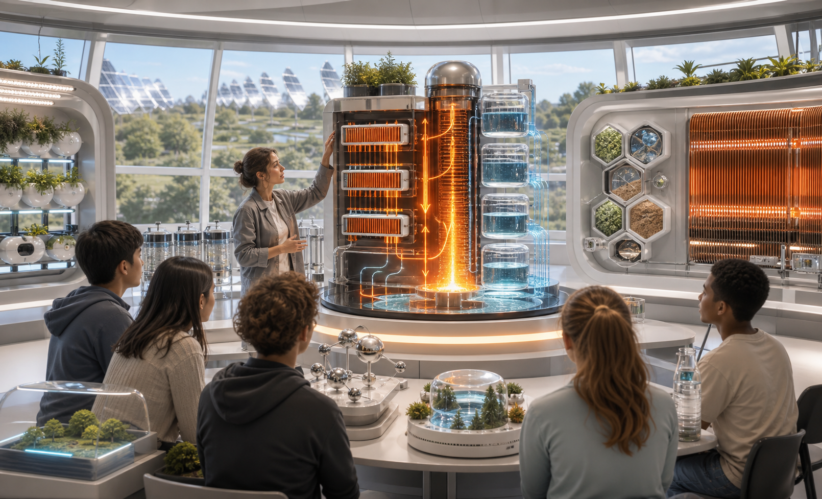 A frontier classroom with energy collectors, radiator walls, water cylinders, ecology modules, and student workbenches.