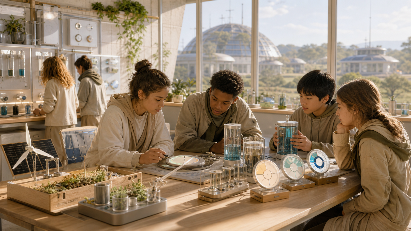 A bright frontier classroom with small energy collectors, heat dials, water cylinders, ecology modules, and budgets.