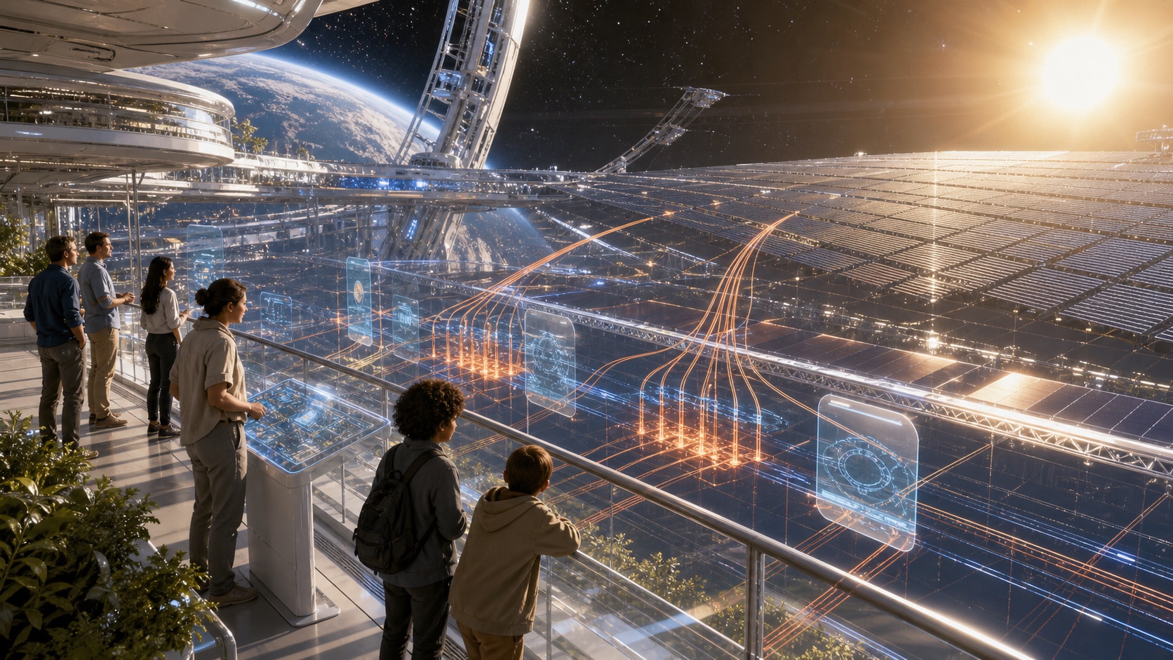 A bright orbital balcony overlooking radiator fields and heat-flow models.