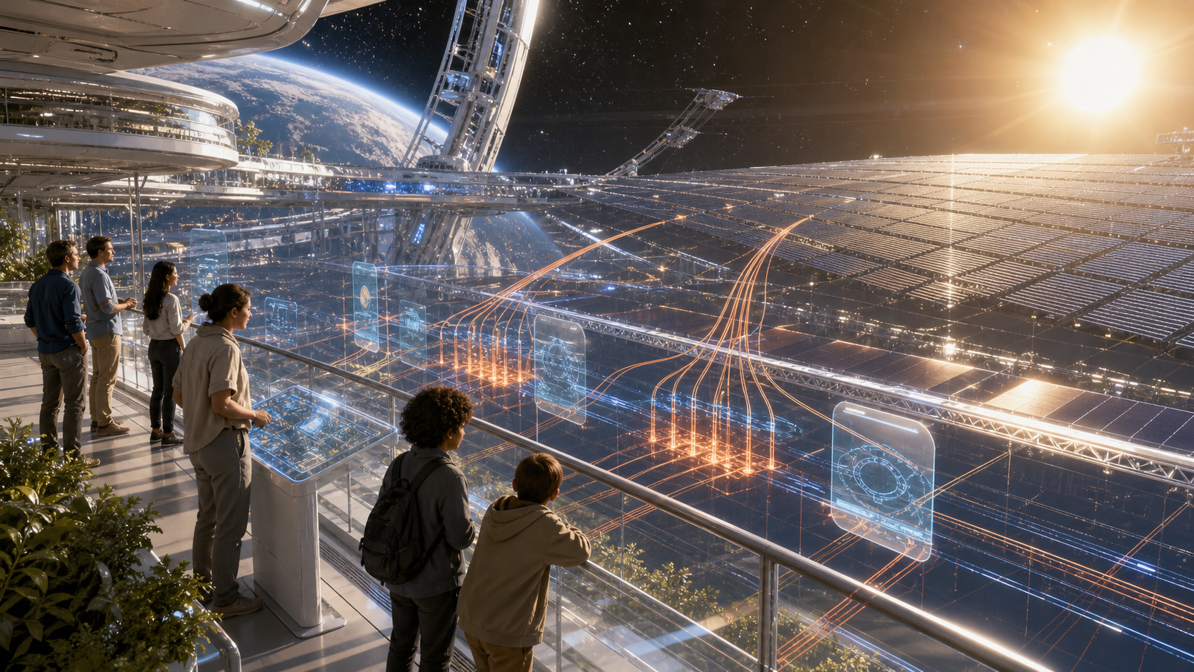A bright orbital balcony overlooking radiator fields and heat-flow models.