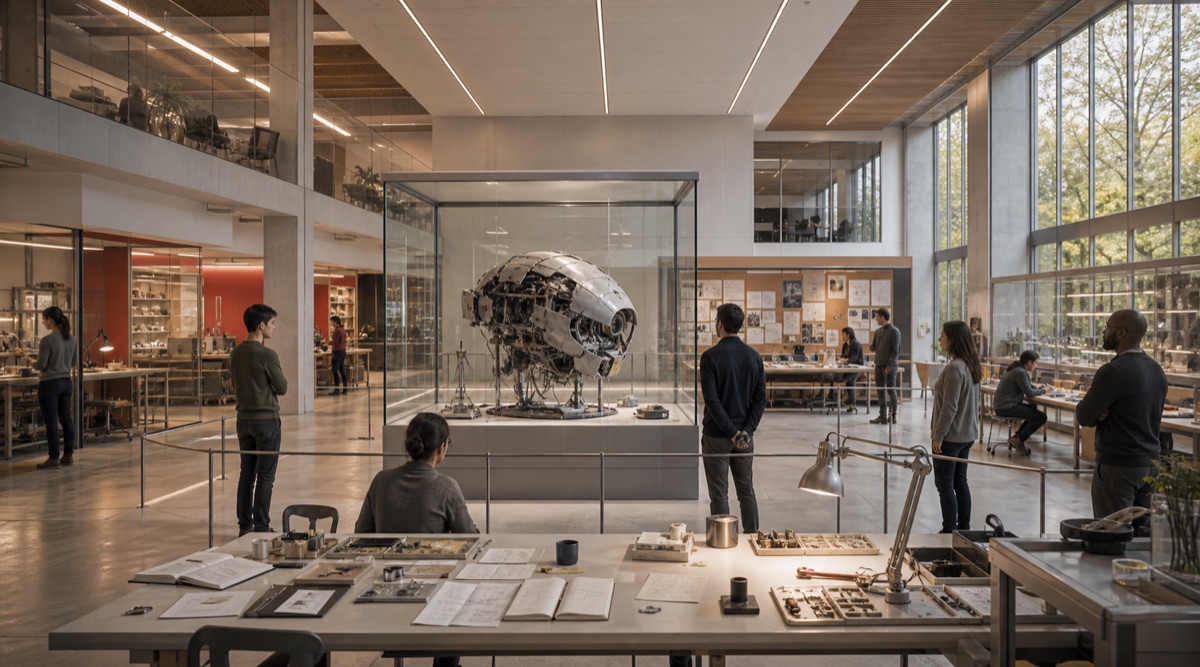 A bright research commons with failed prototypes in transparent cases, repair benches, witness rails, and postmortem tables.