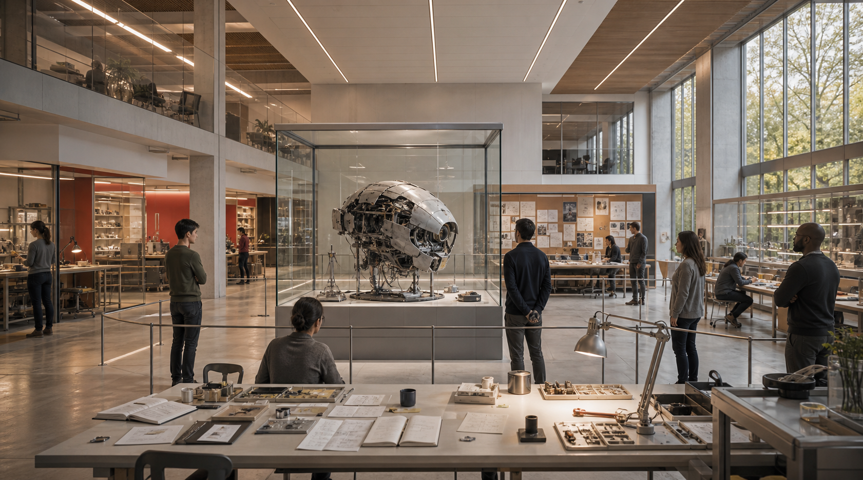 A bright research commons with failed prototypes in transparent cases, repair benches, witness rails, and postmortem tables.