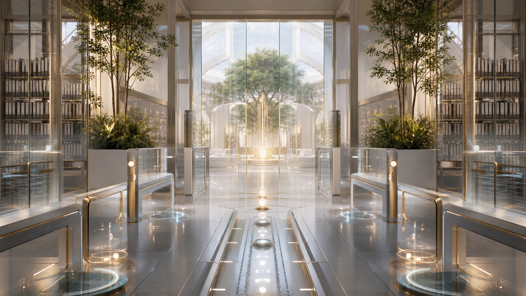 A bright archive threshold with blank retrieval lanes, privacy glass, and a quiet consent gate.