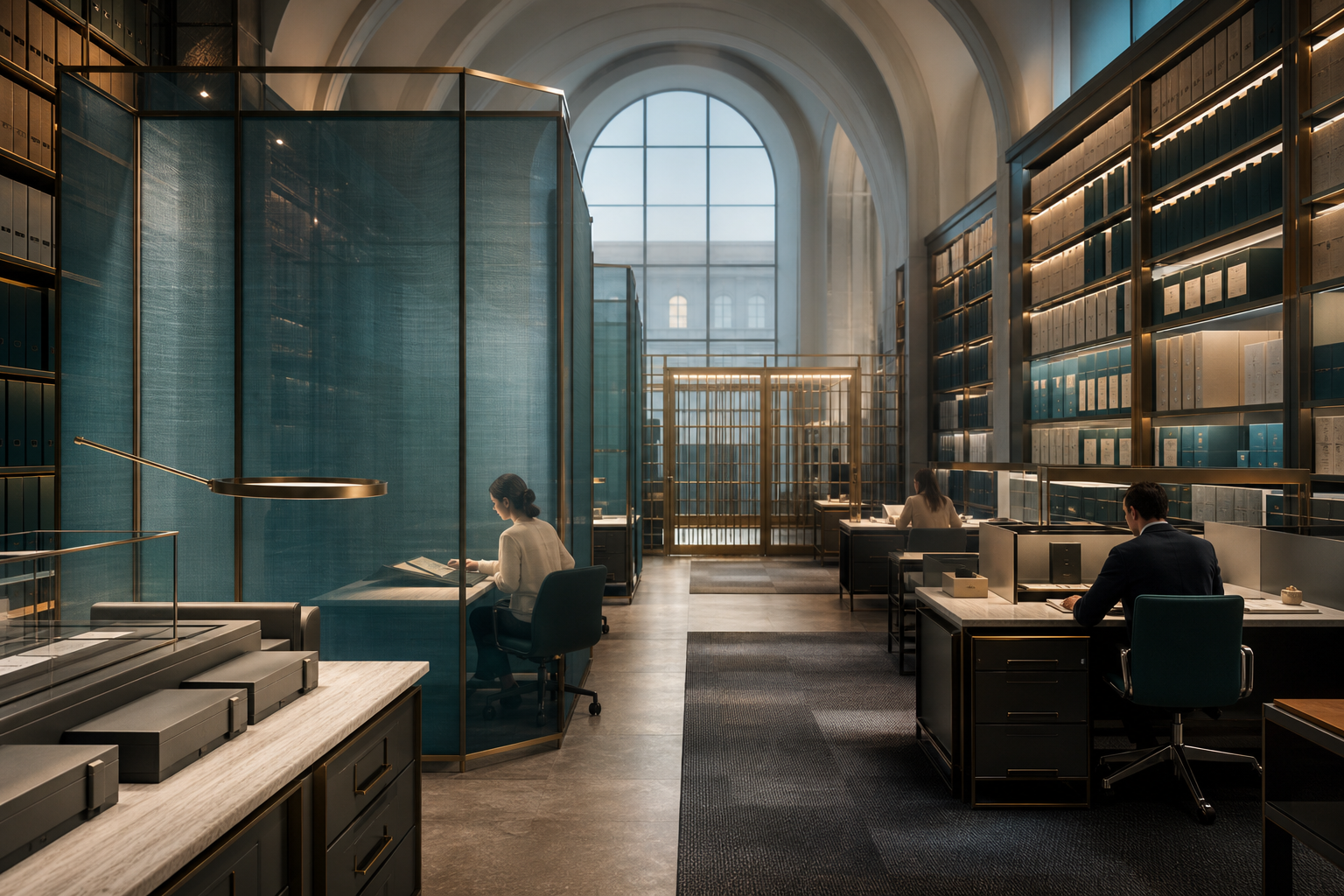 A luminous archive with sealed source drawers, privacy screens, redaction desks, and closed retrieval gates.