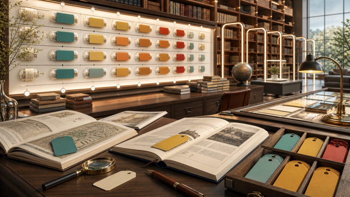 A bright reference archive with freshness capsules and correction drawers.