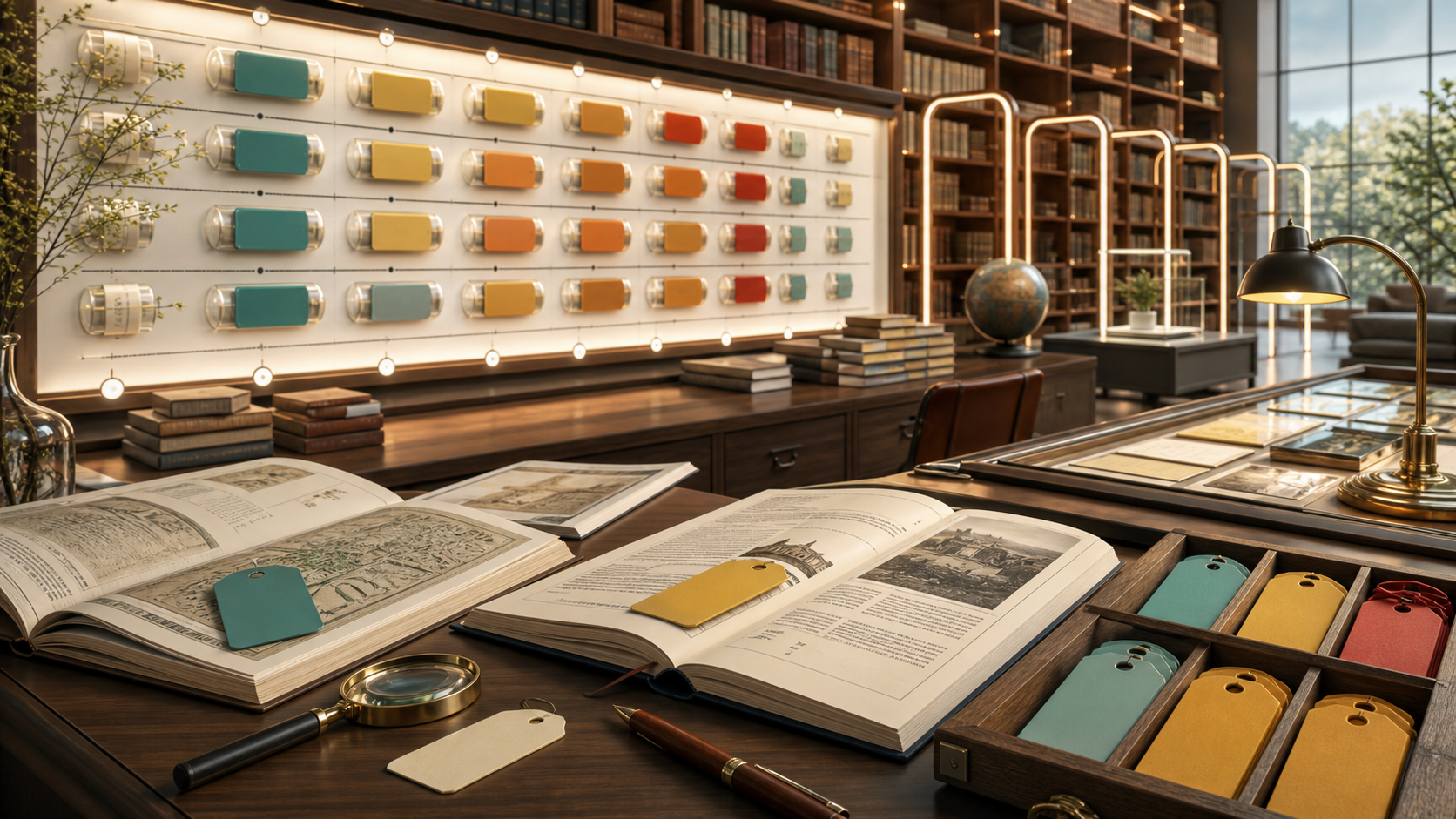 A bright reference archive with freshness capsules and correction drawers.