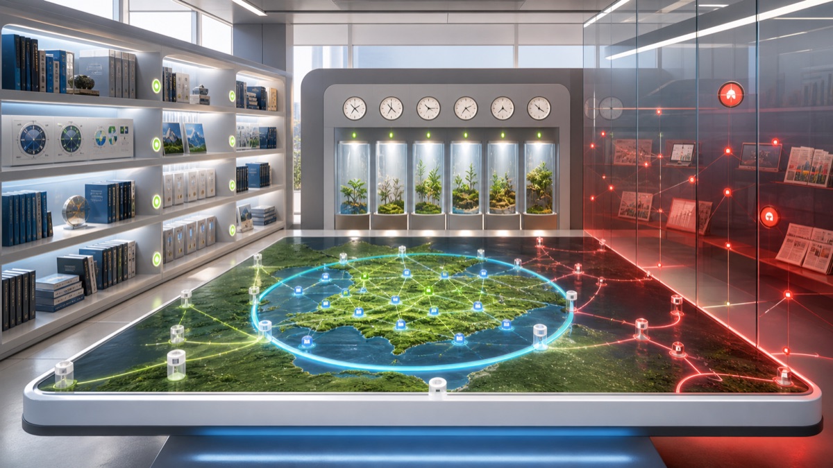 Licensed reference plates sit in transparent drawers beside a bright generated art studio.