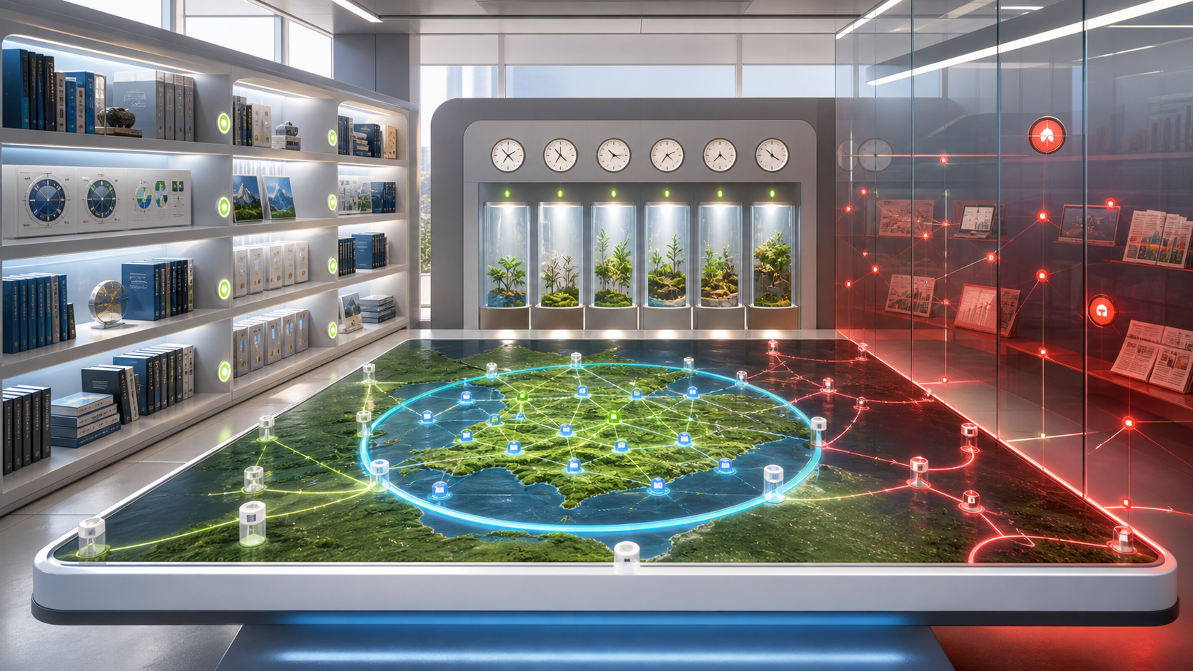 Licensed reference plates sit in transparent drawers beside a bright generated art studio.