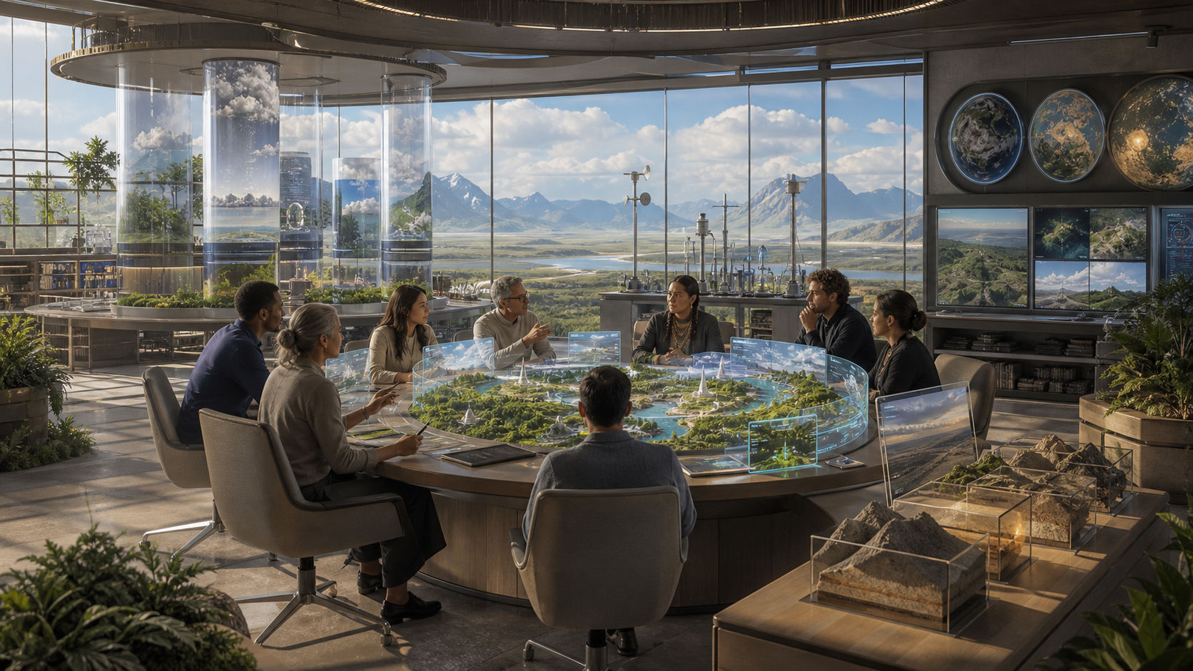A daylight climate model room with terrain model, atmosphere columns, council table, and ecology instruments.