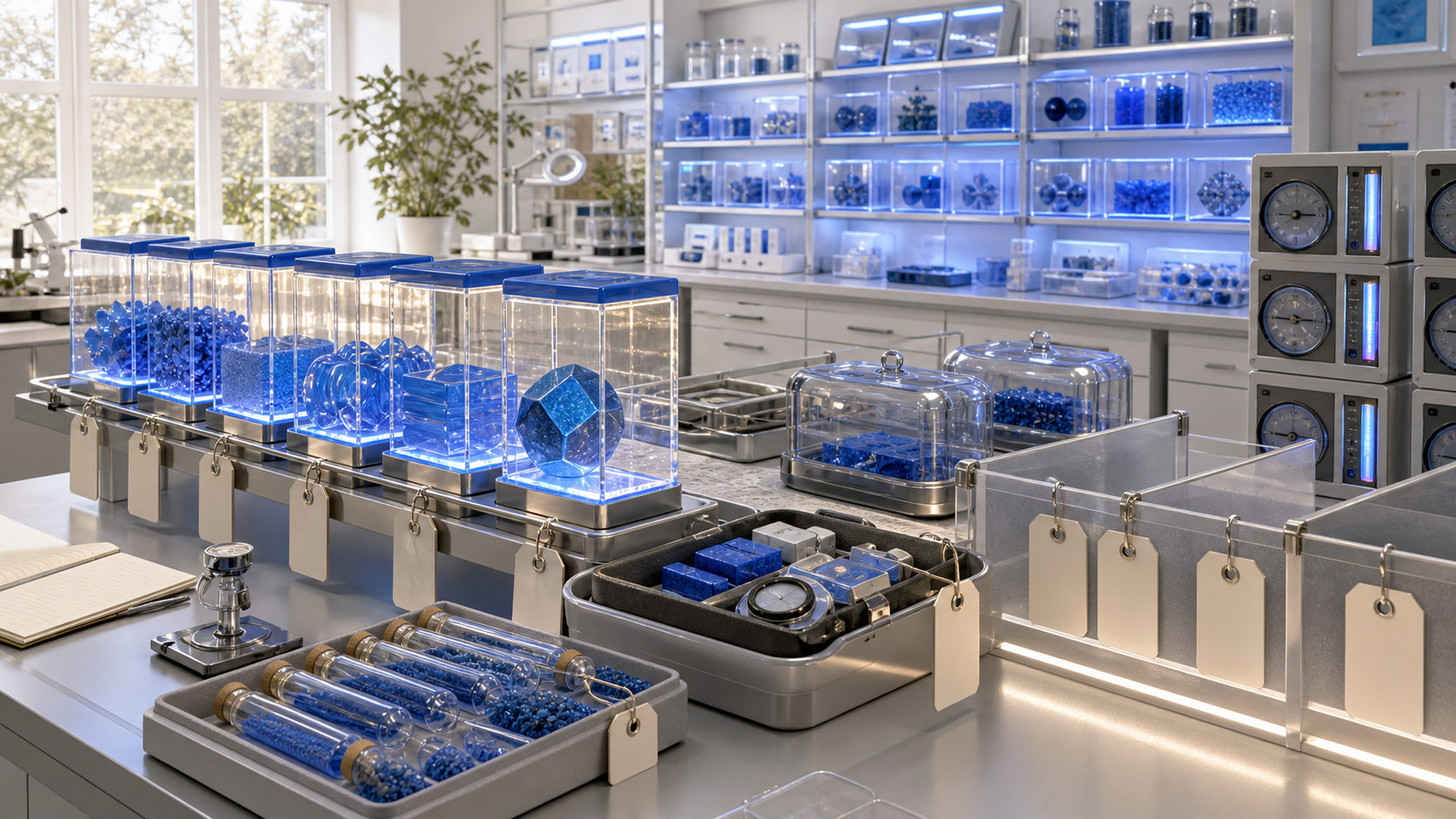 A bright materials lab with blue programmable-material samples in clear cases, blank custody tags, and quarantine trays.