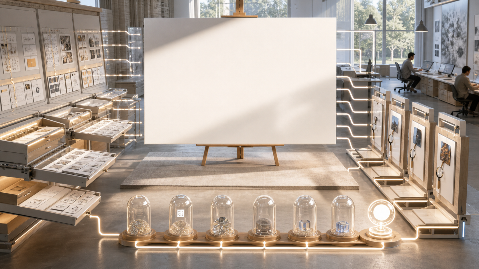 A bright AI image studio with a generated canvas, proof trails, seed capsules, and source-status drawers.