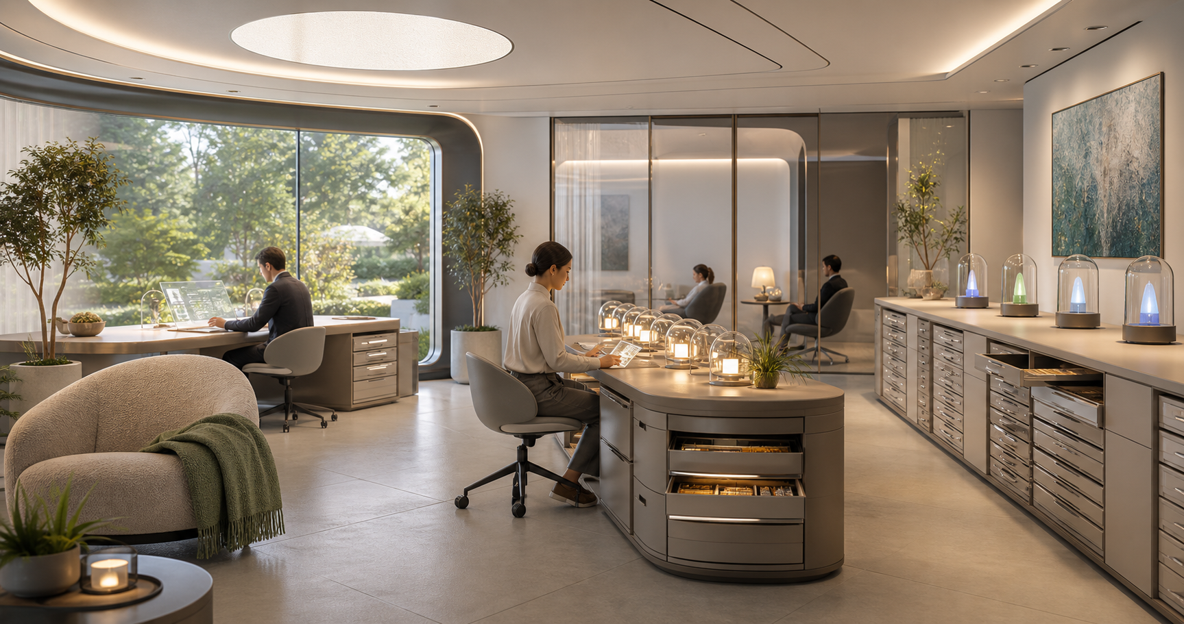 A calm member workspace with memory drawers, expiry lamps, renewal desks, and privacy windows.