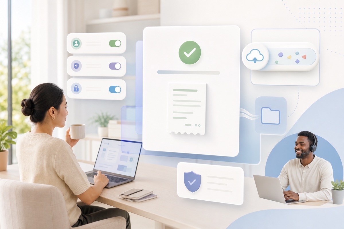 A bright member portal workspace with deletion receipt drawers, export capsules, and consent controls.