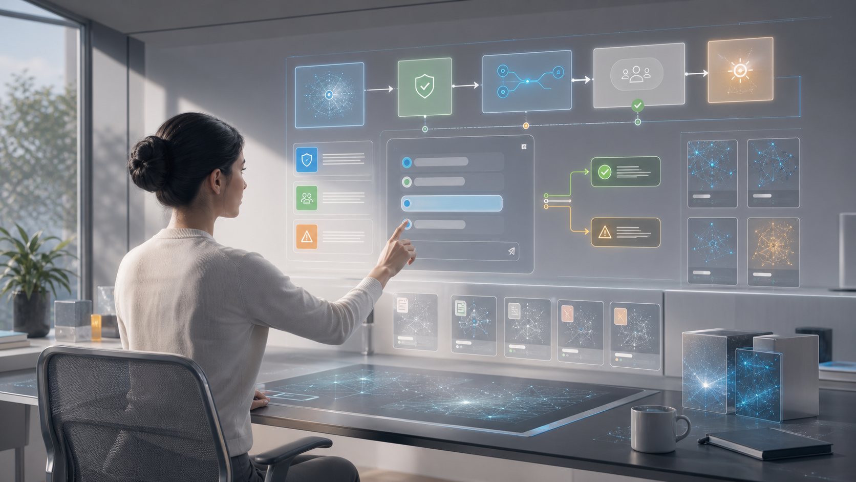 A modern AI assistant workspace with source cards, refusal paths, and human-centered safety rails.
