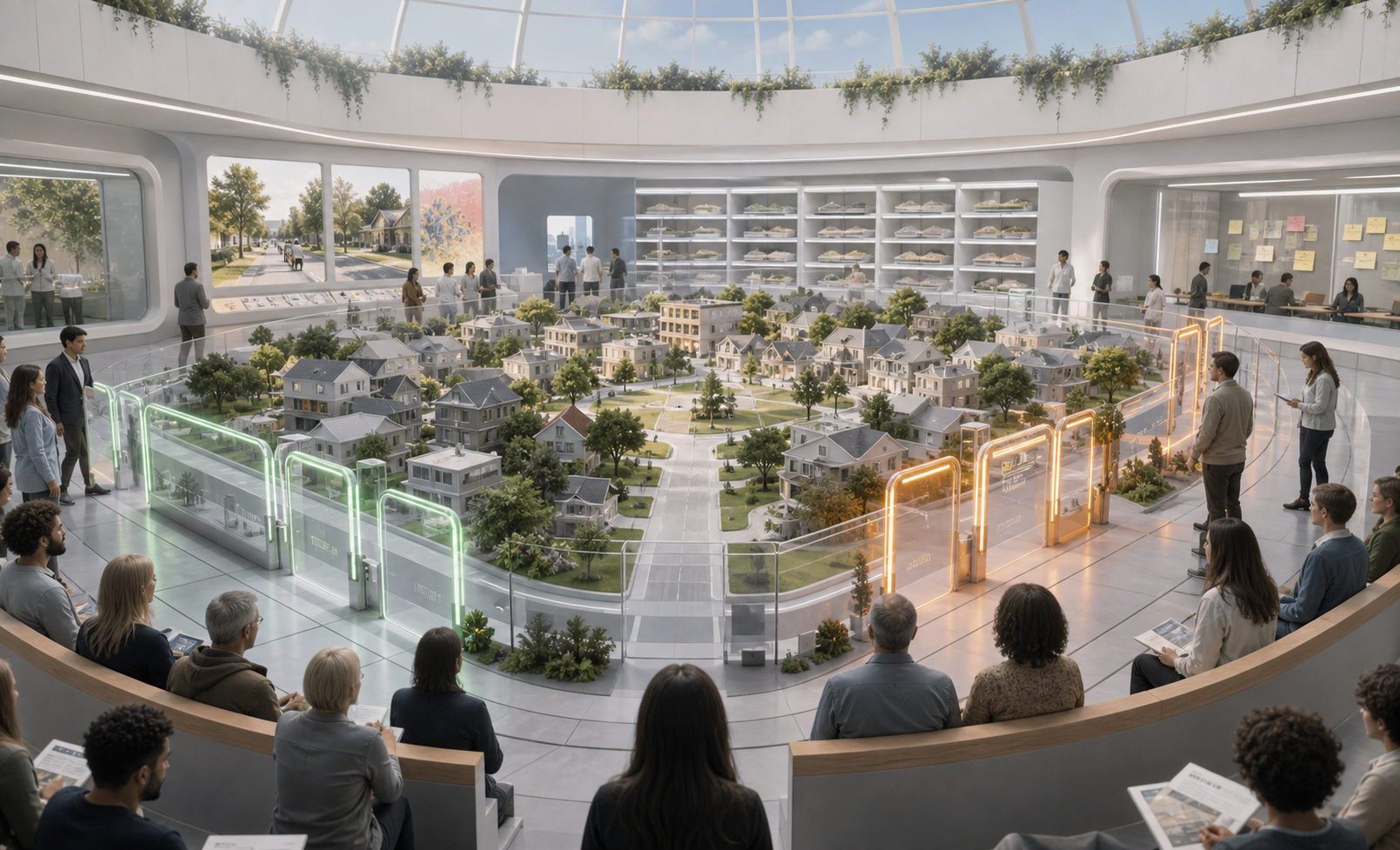 A civic simulation chamber with a model neighborhood, refusal gates, rollback shelves, and resident review benches.