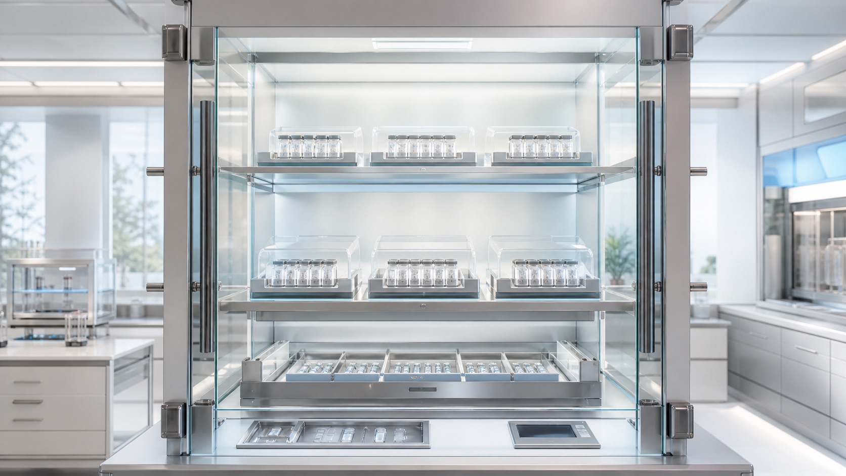 A clean medical escrow cabinet with sealed microdose trays and human review lighting.
