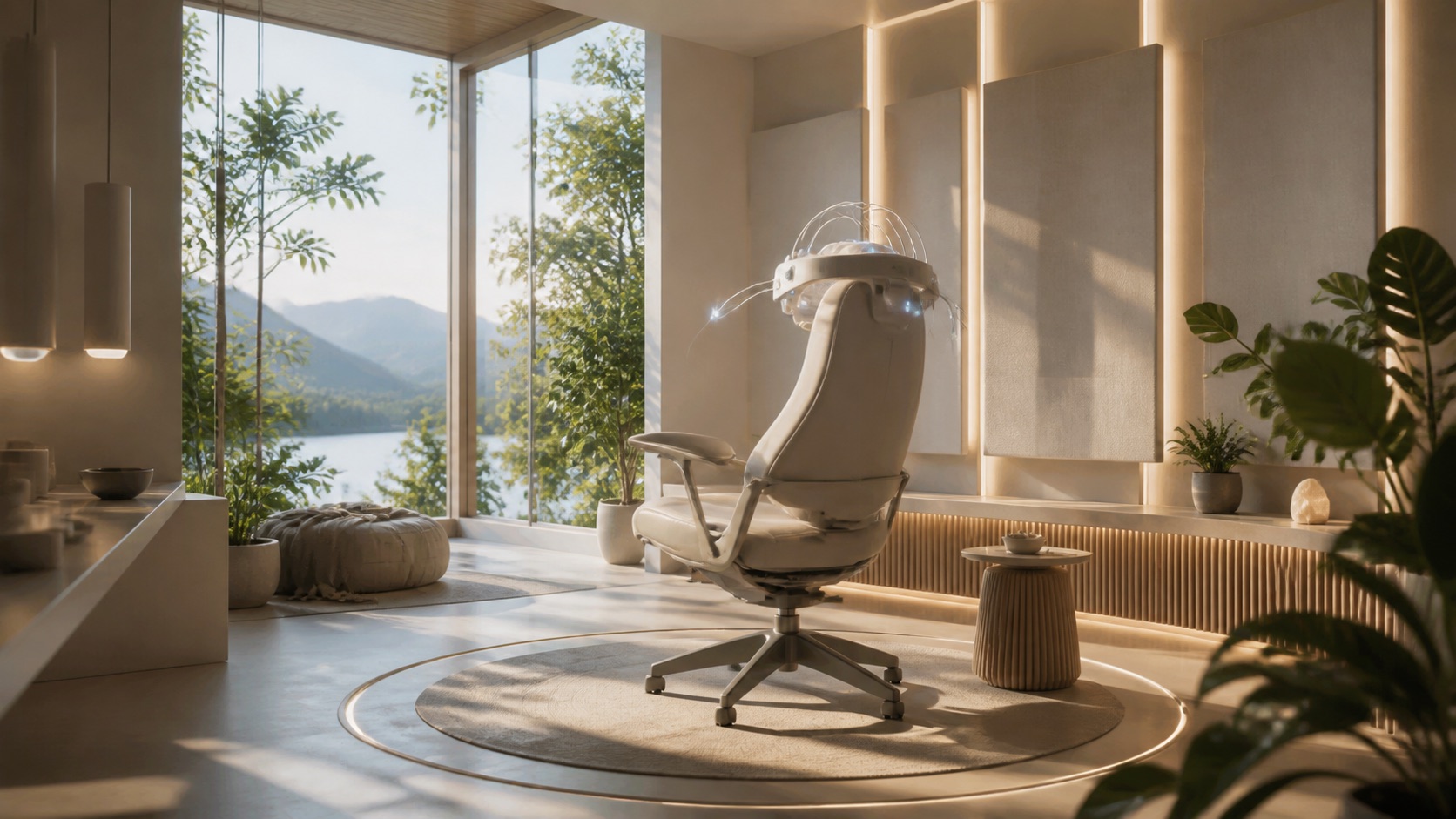 A calm neural-interface studio with an empty chair, soft sensor halo, and rest-light panels.