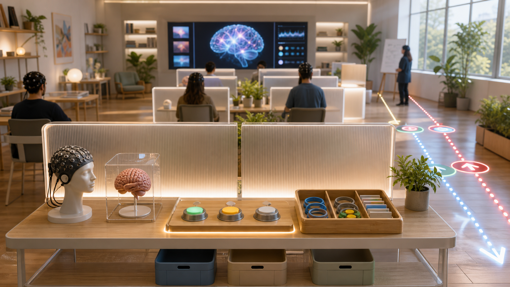 A bright nonclinical neurotechnology classroom with privacy screens, brain models, data switches, and consent trays.