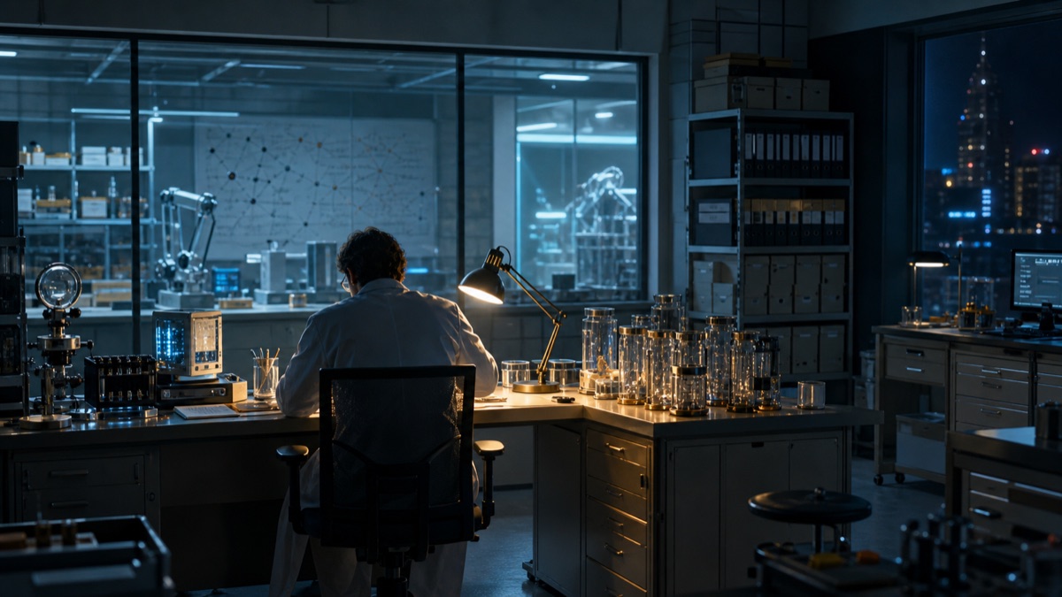 Night Shift at the Negative Result Lab editorial art for WN Magazine