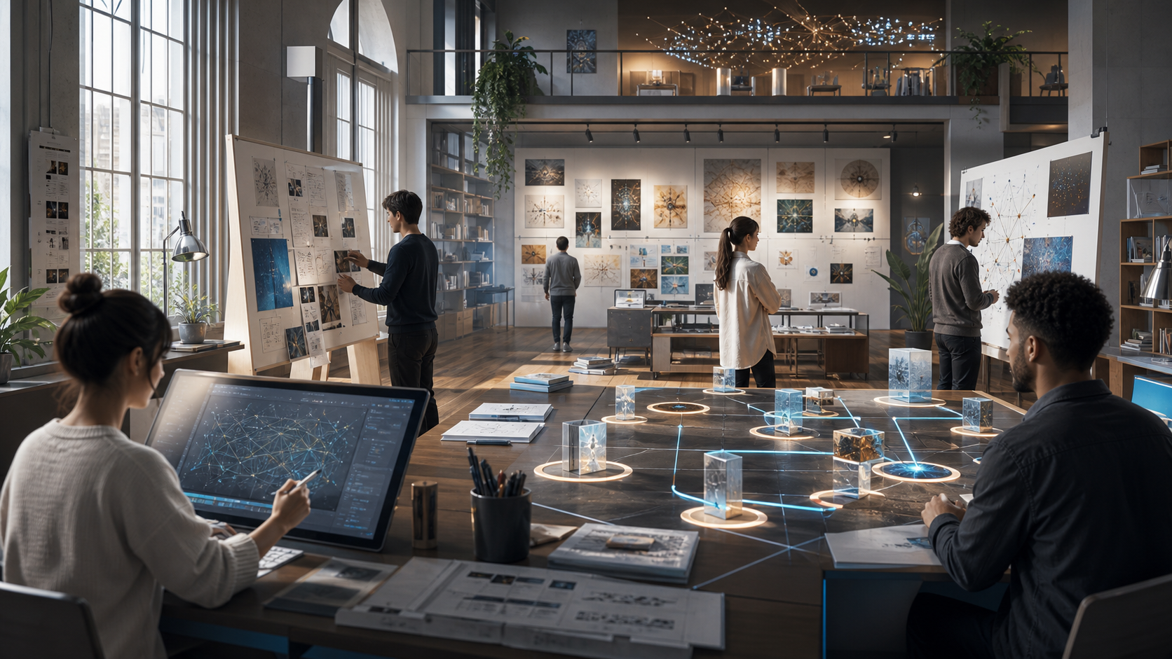 A future learning studio with portfolio walls, workshop tables, and roadmap stations.