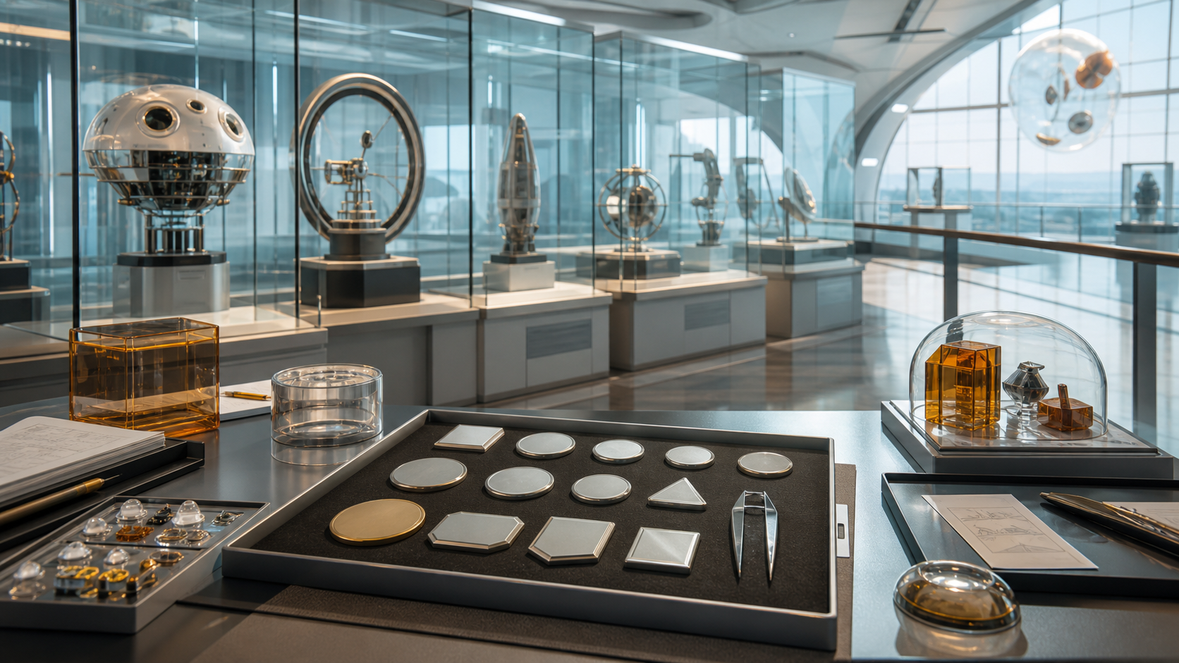 AI-generated frontier prototype gallery with speculative devices under glass, nonclaim badge tokens, evidence trays, and public walkway.