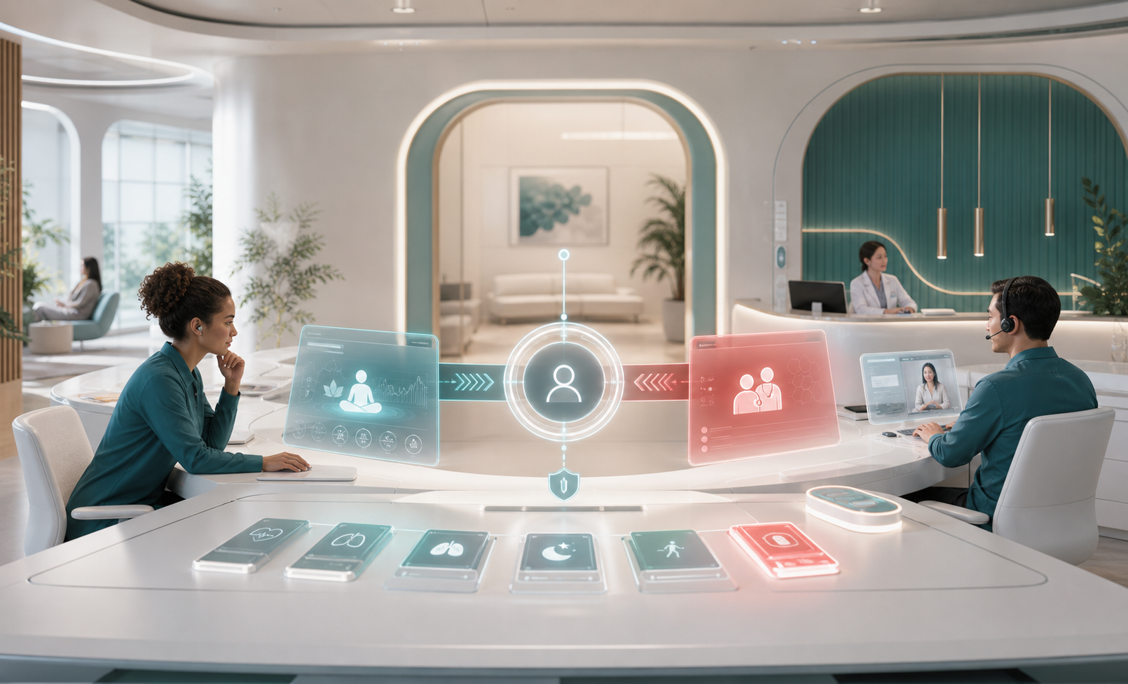 A bright health AI support room with nonclinical markers, referral lanes, biosensor cards, and human care desks.