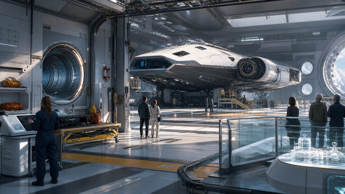 Nonmilitary Docking Ports for Spaceship Dreams editorial art for WN Magazine