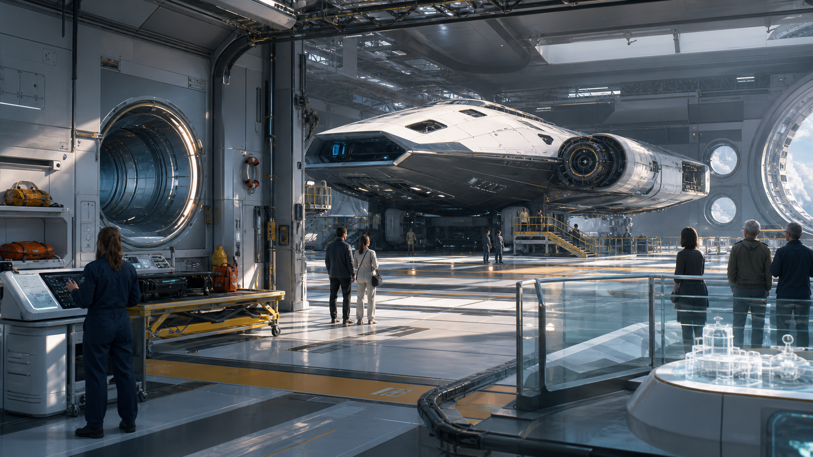 Nonmilitary Docking Ports for Spaceship Dreams editorial art for WN Magazine