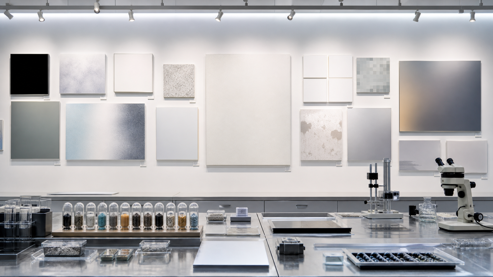 AI-generated quality lab gallery with failed or blank output panels, control samples, calibration instruments, and seed capsules.